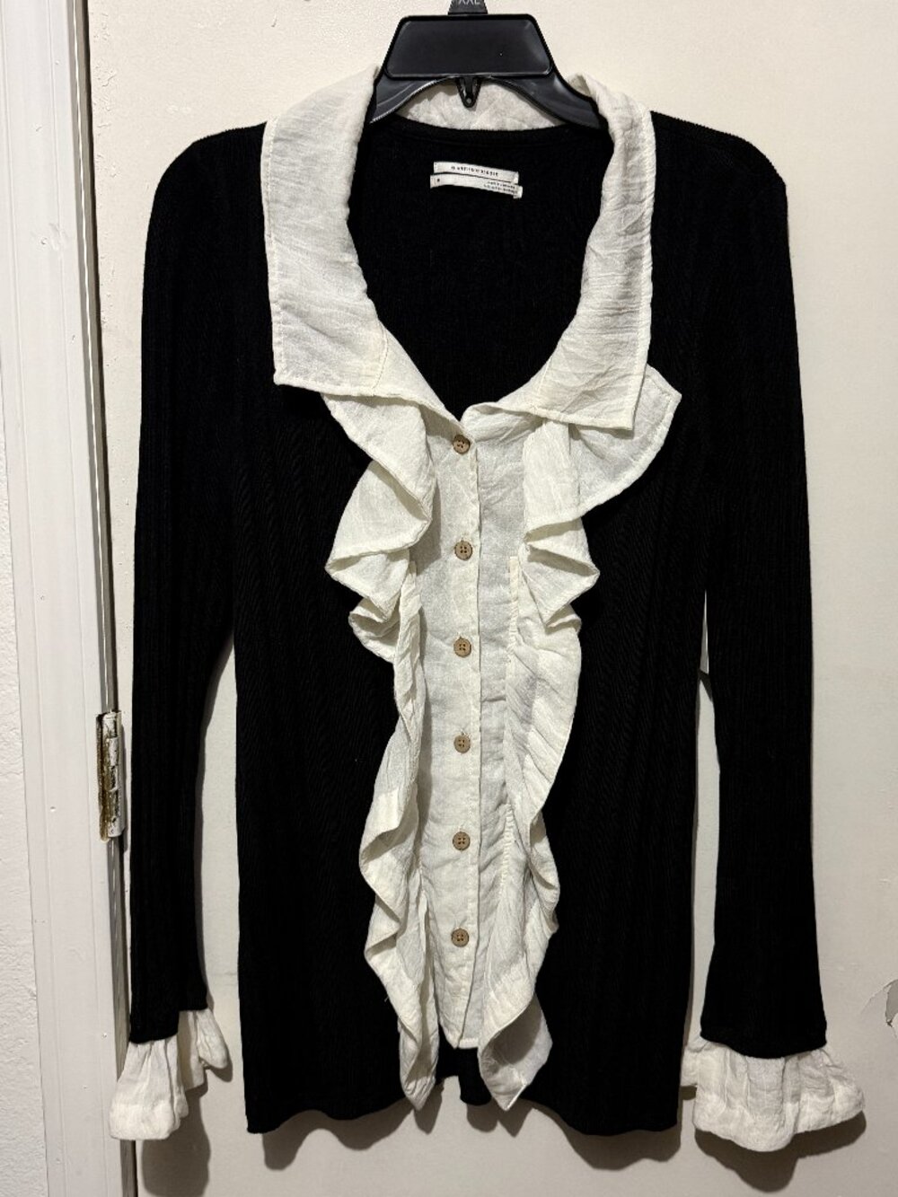 NWT by Anthropologie Black Ribbed Knit Ruffle Collar Layered Sweater Top - M - Picture 4 of 16